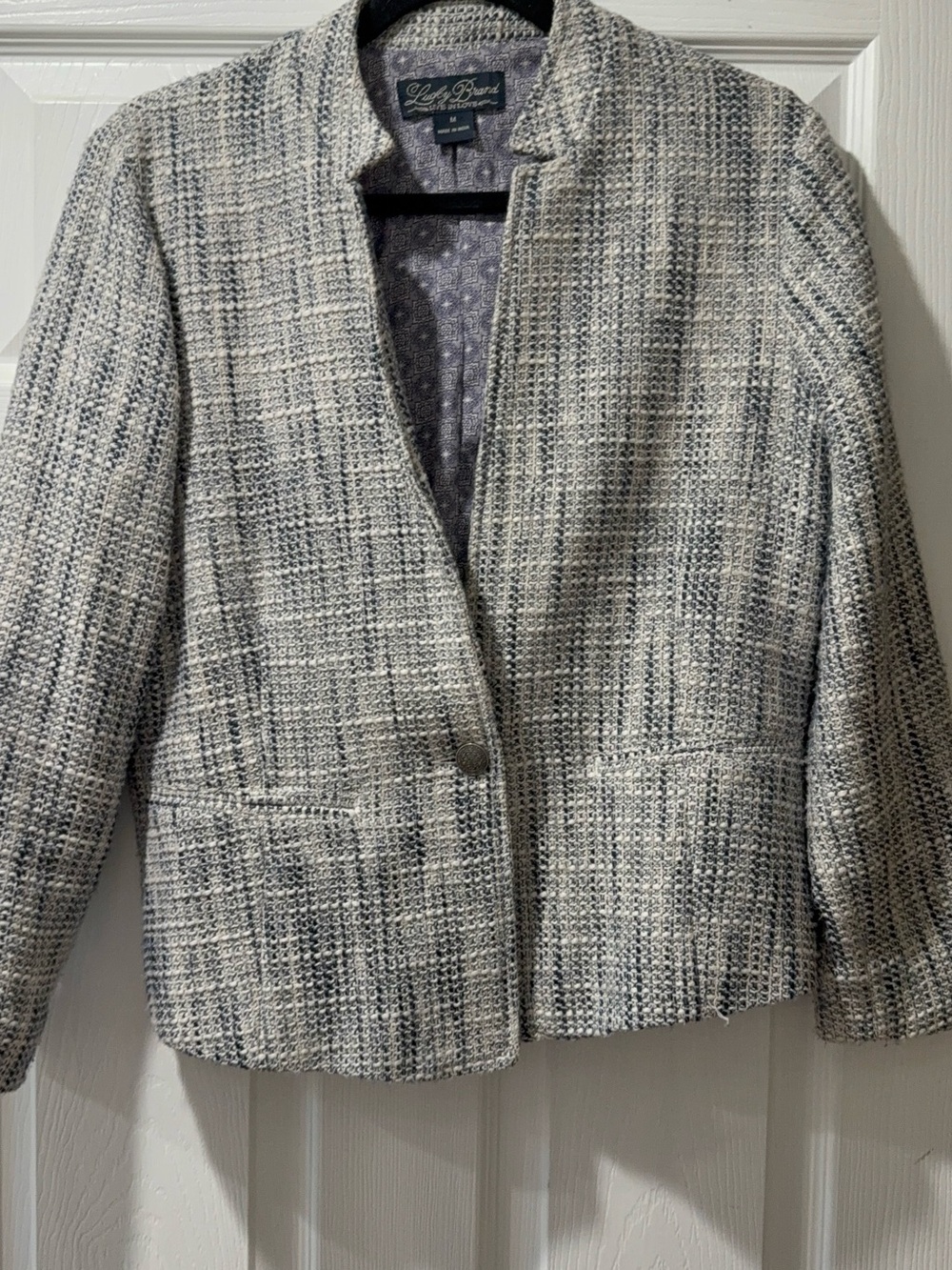 Lucky Brand Gray and Cream Bouclé Collarless Blazer